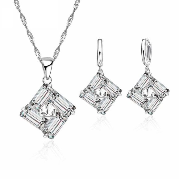 Jewelry - 925 Sterling Silver Necklace And Earrings Set Square Drop Hoop